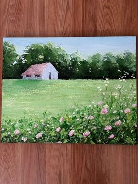 Hand Crafted Green Field with Pink Wildflowers Painting